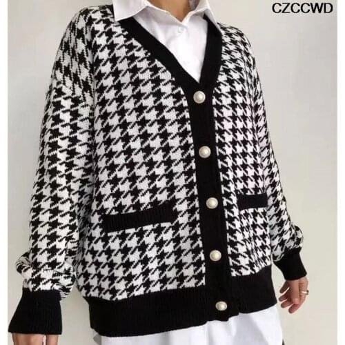 Casual V Neck Women Button Black Houndstooth 2021 New Autumn Winter Cardigan Long Sleeve Sweater Knitted Loose Oversized Jumper