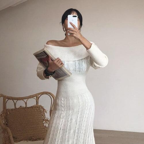 Elegant Winter Vestidos Korean Style Sexy Slash Neck Slim Knitted dress thickening knit dress Casual Female Sweater Dresses