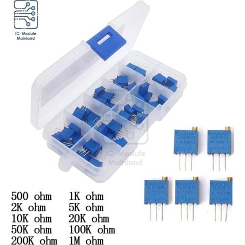 10 Values 3296W Multi-turn Trimmer Potentiometer Variable Resistance 500R 1K 2K 5K 10K 20K 50K 100K 200K 1M Ohm Assortment Kit