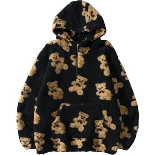 2021 Fleece Hooded Sweatshirts Streetwear Hip Hop Bear Print Half Zipper Pullover Hoodies Harajuku Casual Tops Coats Outwear