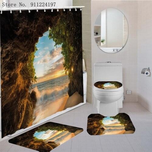 3D Castle Fireworks Print Shower Curtain Floor Mat U Shape Mat Toilet Lid Cover Waterproof Beautiful Scenery Print Bathroom Rugs