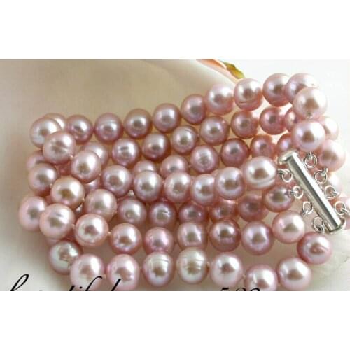 Hot sale FREE SHIPPING REAL 4row 8" 7-8mm purple round freshwater pearl bracelet bangle magnet Natural