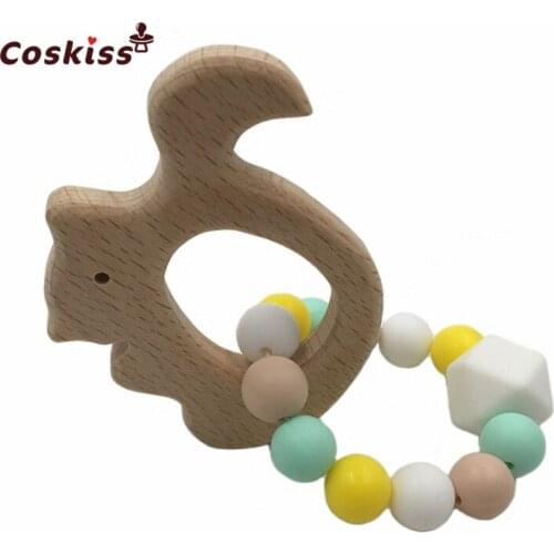 Beech Wooden Animals Can Chew Beads Food Grade Silicone Teether Baby Toys Baby Shower Gifts Teething Breacelets