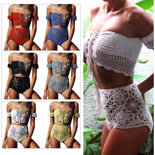 2Pcs Women Bohemian Crochet Style Hollow Bandage Bra High Waist Briefs Bikini Swimsuit Two-Piece Suits Swimwear Biqini