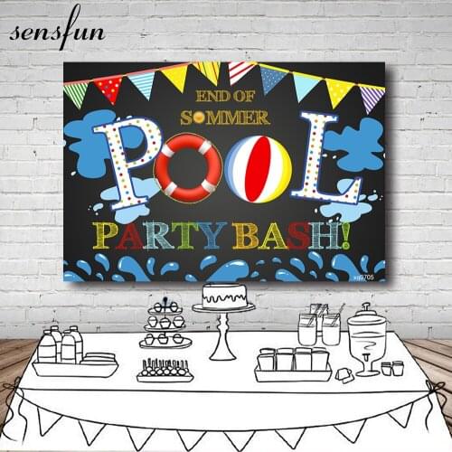 Sensfun End of Summer Pool Party Bash Backdrops For Photo Studio Black Colorful Bunting Swimming Ring Kids Birthday Backgrounds
