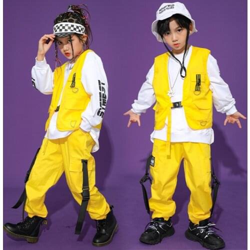 Childrens Street Dance Wear Girls Hip Hop Clothing Yellow Vest Pants Tops Outfits Boys Drum Performance Costumes Rave BL5807