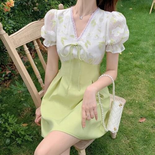 2021 Summer Casual Kwaii Mini Dress Women Party Vintage One Piece Dress Korean V-Neck Puffer Sleeve Elegant Floral Dress Female