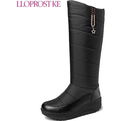 Lloprost ke Winter lady warm thick fur mid calf snow boots waterproof wedges platform patchwork boots women comfy shoes woman