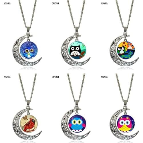 Mendittorosa Owl Brand Silver Color Jewelry Fashion Moon Statement Necklace Glass Necklaces & Pendants For Women