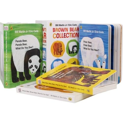 4pcs English picture board books children First Reader Mini Library:Brown Bear,panda,baby,polar bear,What Do You See?Eric Carle