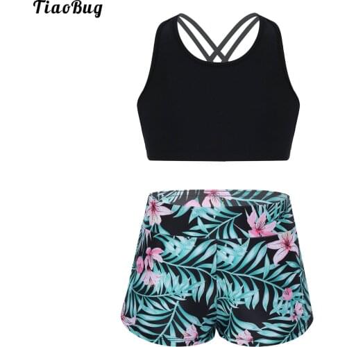 Fashion Kids Girls 2Pcs Summer Suit U Neck Spaghetti Strap Criss Cross At Rear Cropped Top Shorts Set For Gym Yoga Swimming