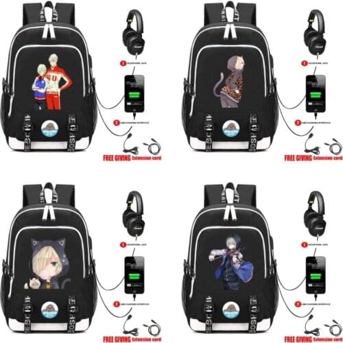 USB Charge Headphone Jack Men Women Laptop Bags teenagers School Bags Mochila College Students Bag Anime YURI On ICE backpack