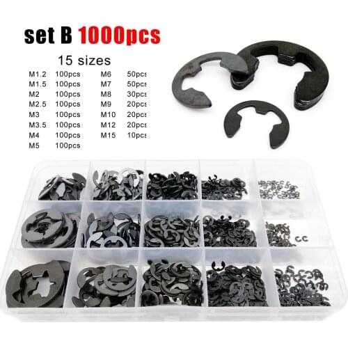 580/1000pcs Assortment Kit Set Box M1.2 to M15 Black Carbon Steel External Retaining Ring E Clip Snap Circlip Washer for Shaft