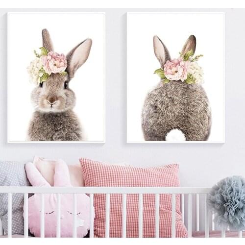 Rabbit Bunny Tail Nursery Wall Art Picture Flower Animal Canvas Poster Print Child Painting Nordic Kids Baby Girls Room Decor