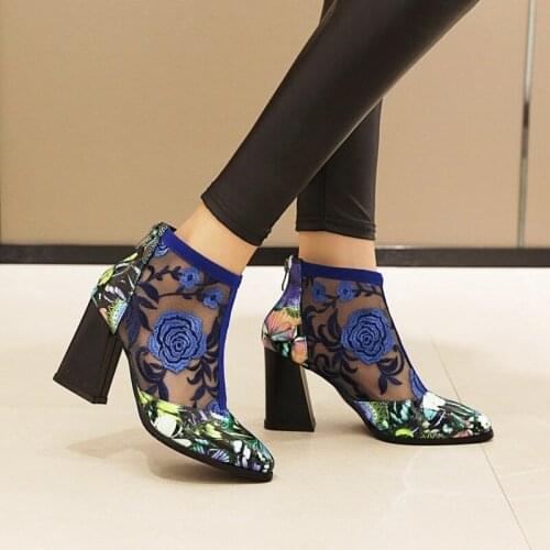 OLOMLB US4-11 Womens Mesh Floral High Heels Shoes Embroidery Flower Ankle Boots Summer Block Heel Ethnic Breathable Summer Plus
