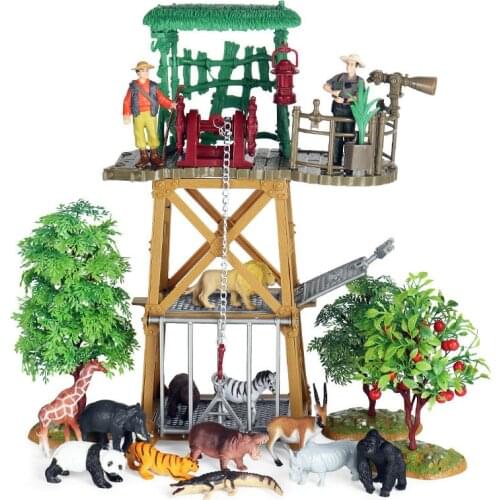 Plastic Trap Tower Solid Wildlife Little People Action Figures Toy Set Farm Animals Model Kids Toys for Boys 3+ Years Old