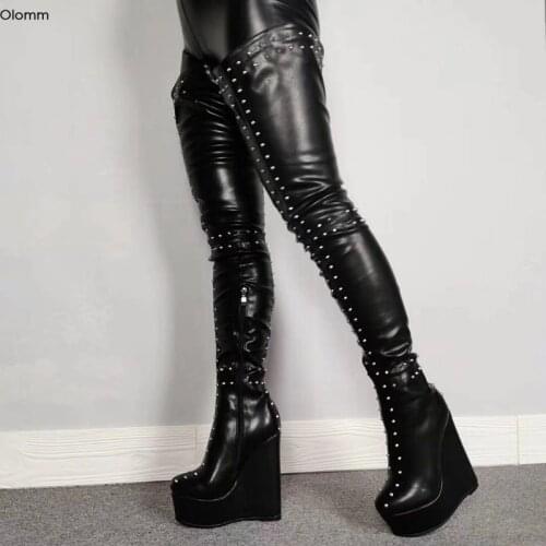 Olomm New Women Platform Sexy Rivets Thigh High Boots Wedges High Heels Boots Round Toe Black Club Shoes Women Plus US Size 5-20