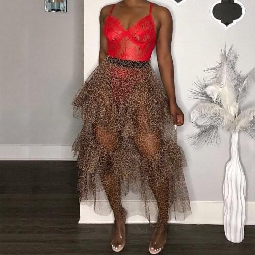 Sexy Transparent Skirts Women Leopard Printed High Waisted Ruffles Mid Calf Summer Style 2021 Evening Night Club Wear Skirt New