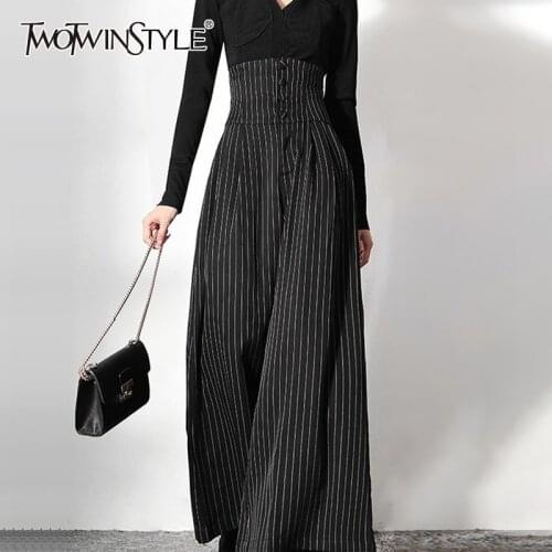 TWOTWINSTYLE Casual Striped Wide Leg Pants Female High Waist Pockets Temperament Fashion Pants For Women Autumn Style 2021 New