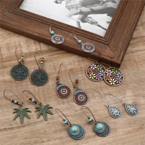 Bohemia Dangle Earrings Green Blue Drop Imitation Turquoise Earrings For Women Metal earring Accessories 61mm x 24mm, 1 Pair