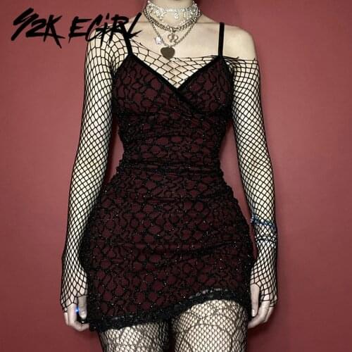 Y2K EGIRL Sexy E-girl Fashion Backless Glitter Fishnet Mesh Dress Y2K Aesthetics V-neck Bodycon Sleeveless Cami Dress Partywear