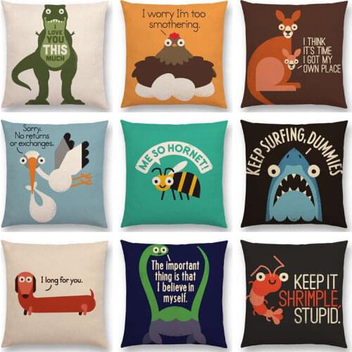 Funny Cartoon Animals Dinosaur Kangaroo Bee Dachshund Shark Interesting Words Decorative Letters Cushion Cover Sofa Pillow Case