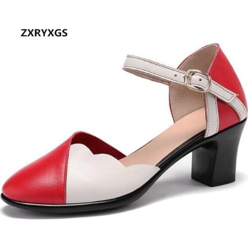 2019 New Summer Mixed Colors Round Head Full Real Leather Shoes Woman Sandals High Heel Shoes Fashion Sandals Women Shoes Tide