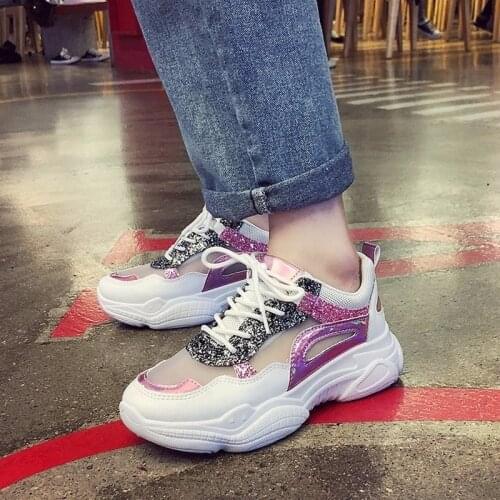 2020 New Fashion Chunky Sneakers Women Shoes Woman Flats Bling Shine Breathable Mesh Casual Shoes Thick Bottom Platform Shoes