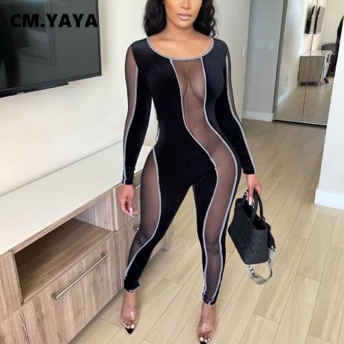 CM.YAYA Women Velvet Mesh Splicing See Though Jumpsuit Sexy Long Sleeve Streetwear Overall Bodycon Romper Outfit Playsuit 4color