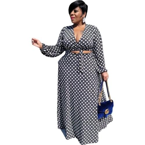 RStylish 2021 Plus Size Clothing Dot Print Long Sleeve Deep V Lace Up Crop Top Maxi Skirt Women Autumn 2 Piece Set