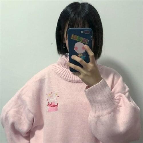 Autumn Winter Women Pink Sweet Loose Knitted Sweaters Korean Cute Soft Girl Turtleneck Embroidery Pullover Lolita Jumper Outwear