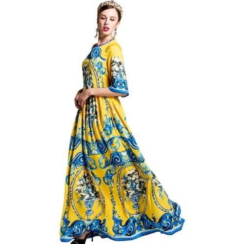 S-4Xl High Quality 2018 Summer And Autumn Runway Show New Fashion Bright Color Printing Slim Comfortable Fabric Women Long Dress