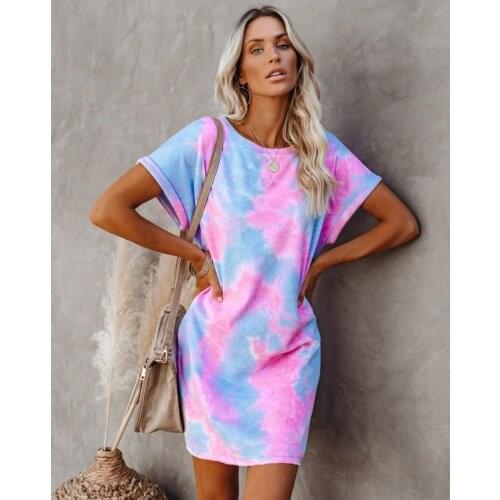 Plus Size Dress Women Short Sleeve Crew Neck Swing T-Shirt Dress Summer Tie-dye Printed Pullover Loose Sundress 2021