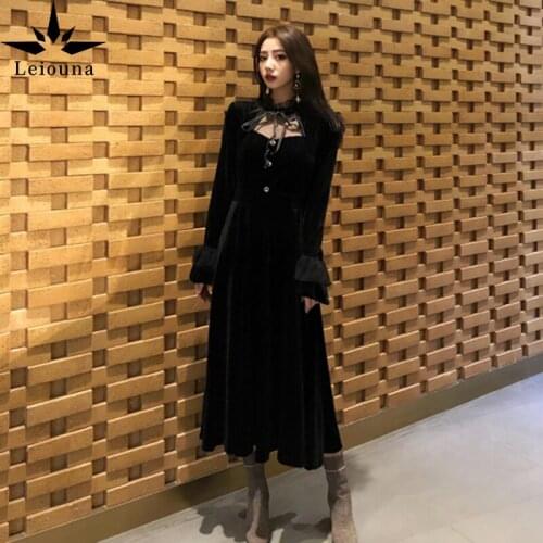 Leiouna Vintage Flare Sleeve Black Botton 2021 Spring New Fat Mm Show Thin Fairy Gold Velvet Hepburn Style Long Mesh Dress