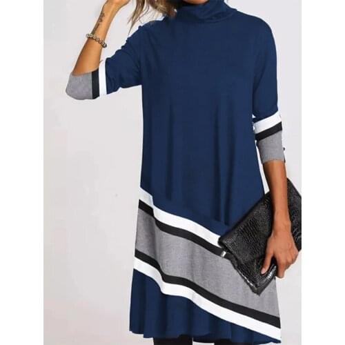 Winter Turtleneck Vintage Print Dress Women Autumn Elegant Long Sleeves Patchwork Casual Dresses Loose Vestidos Female Clothing