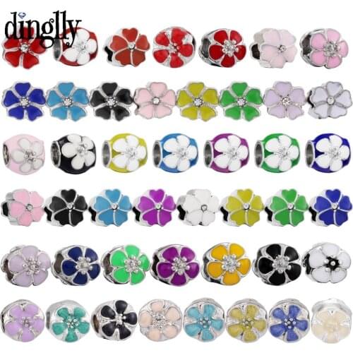 10pcs/lot Enamel Flowers Beaded Round Large Hole Beaded Fit Silver Color Bracelets Necklace Diy Women Jewelry Gifts Making