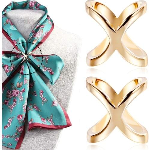 2PCS Cross Scarf Clip X Shape Metal Brooches Scarf Ring Buckle for Women Clothing Neckerchief Shawl Jewelry Silk Accessories