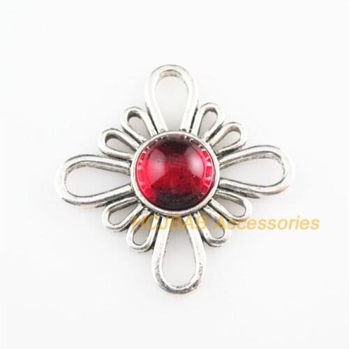 6 New Flower Charms Red Glaze Round Connectors Tibetan Silver Tone 31mm