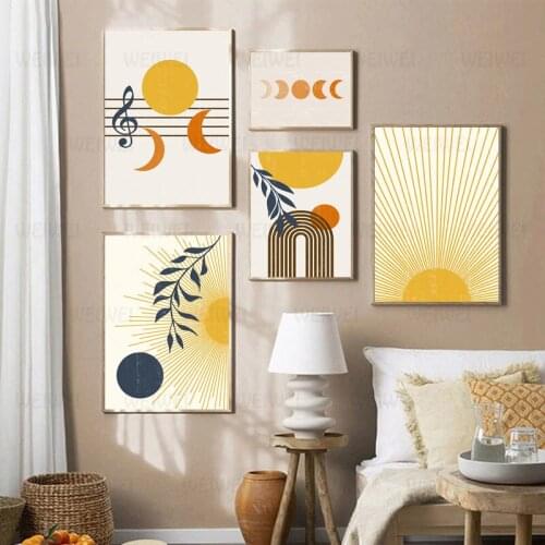 Abstract Geometric Lines Canvas Painting Sun Rays Wall Pictures Moon Plants Simple Home Decoration Posters and Prints Wall Art