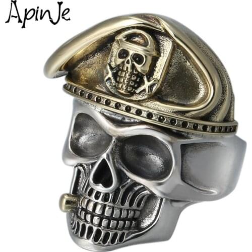 Apinje 925 Sterling Silver Open Skull Ring Vintage Punk Mens Rings Officer Biker Rings Cool Fashion Male Jewelry