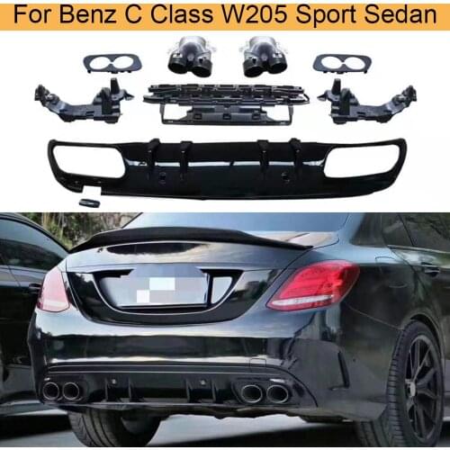 Car Rear Bumper Diffuser Lip for Mercedes Benz C Class W205 Sport Sedan 4 Door 2015-2019 Rear Diffuser Spoiler with Exhaust Tips
