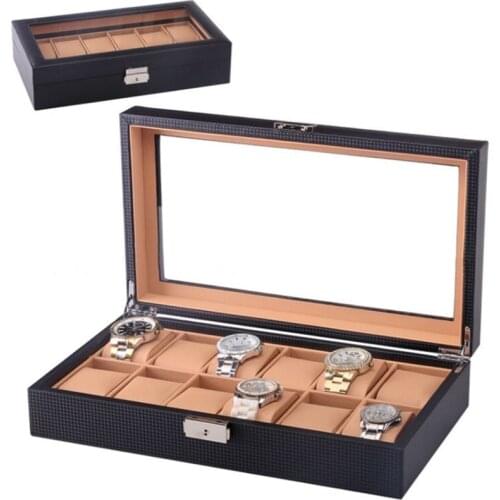 2020 New Carbon Fibre Watch Storage Cases Box Black 6 Slots PU Watch Organizer With Lock Watch Storage Boxes Jewelry Gift Box