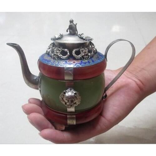 Design silver Superb handmade Chinese green and red jade tea pot silver flagon free shipping tools wedding Decoration Brass