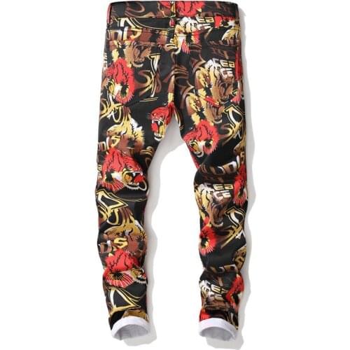Tiger Flower Printed Jeans Stretch Printing Jeans Mens Designer Slim Fit Straight Jean Male Brand Jeans Trousers