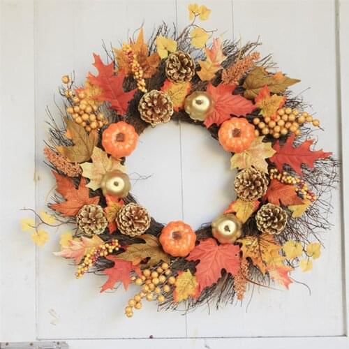 Artificial Pumpkin Berry Maple Leaf Wreath Door Hanging Wall Window Decoration Wreath Holiday Festival Halloween Decor 60cm