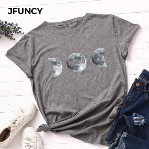 JFUNCY Summer 100% Cotton Women T Shirt Plus Size Moon Print Tees Tops Short Sleeve Woman T-shirt Casual Loose Female Tshirt