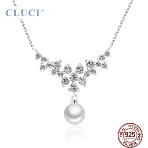 CLUCI 100% 925 Sterling Silver Pendant Necklace with 6-7mm White Saltwater Round Pearls Romantic Wedding Pearl Jewelry FSN050SB
