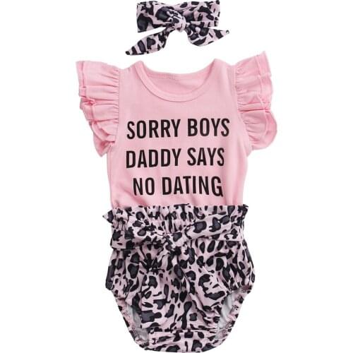 3Pcs Newborn Baby Girls Clothes Pinnk Fly Sleeve Letter Romper + Leopard Print Shorts + Bow Headwear Set Baby Summer Clothing