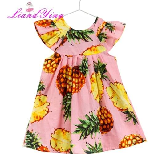 Summer New Casual Style Fashion Fly Sleeve Girls Bow Dress Girl Clothing for Children Cute Fruit Pineapple Print Dresses