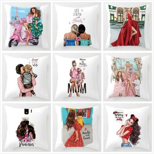 Cartoon Girl Cushion Cover Black Brown Hair Baby Mom Queen Pillow Case Sofa Bedroom Home Throw Pillowcase Linen Cushion Case